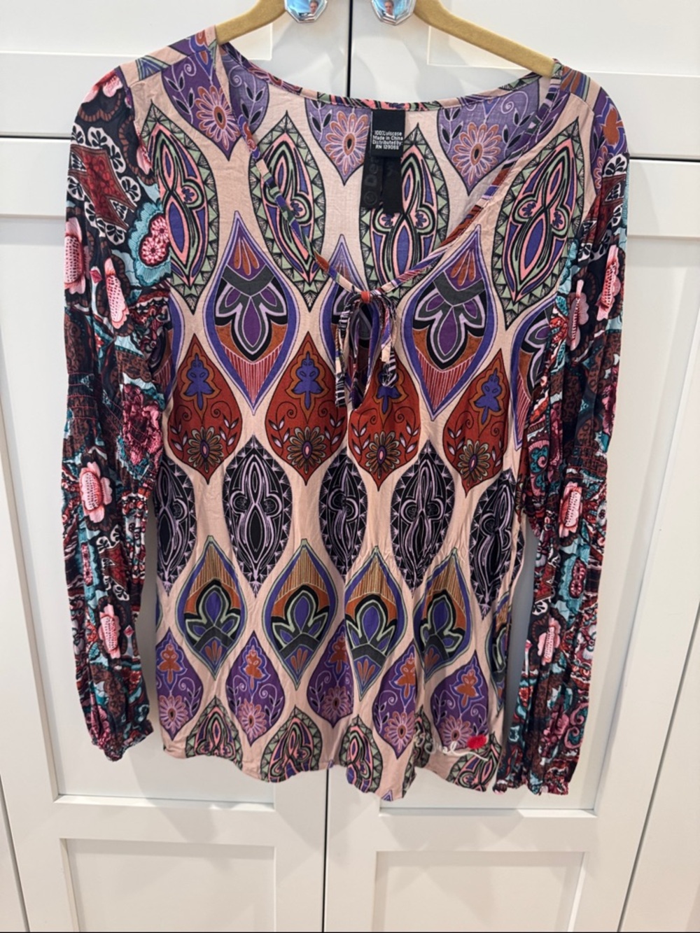 Desigual Pink Purple Green Paisley Viscose Tie-Front Top
